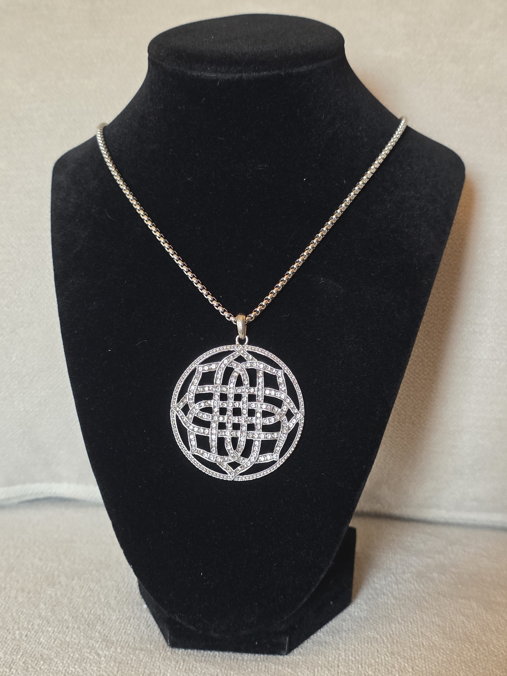 Silver Tone Celtic Knot Pendant Necklace Round Statement Medallion